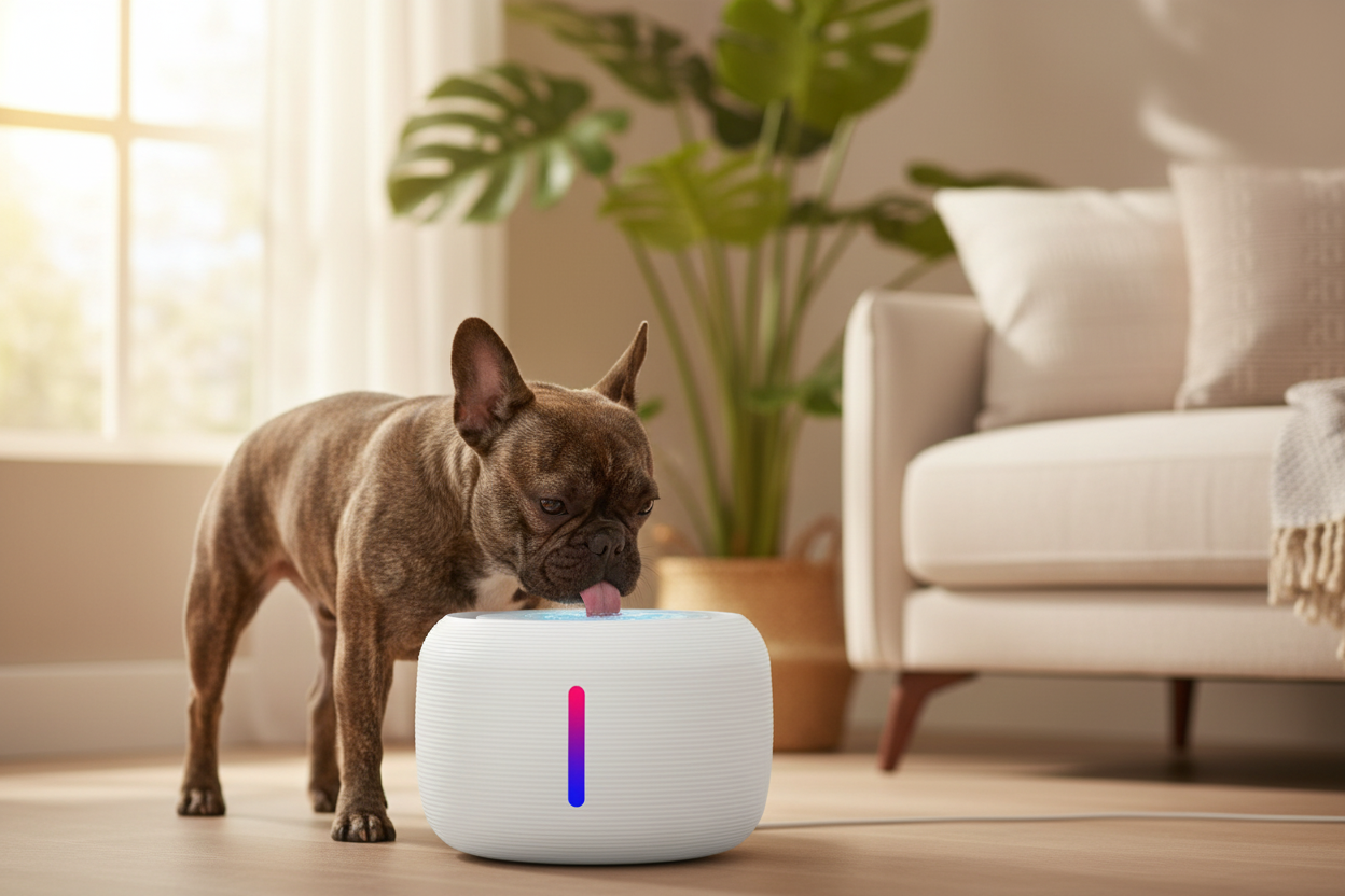 Vessel Tech Smart Pet Drinking Fountain with dog, pet water fountain in a home setting