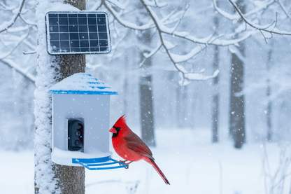 Cardinal at Vessel Tech Horizon™ bird feeder in winter snow