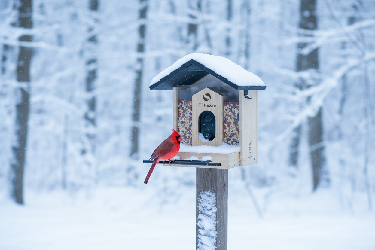Netvue Birdfy™ Wood Bird Feeder in winter — birds feeding at snow-covered feeder
