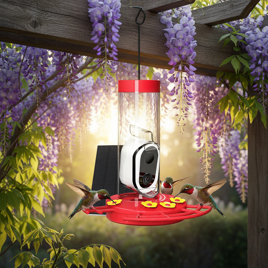 SkyWatch Hummingbird Pro™ Solar Feeder beauty shot on wisteria pergola